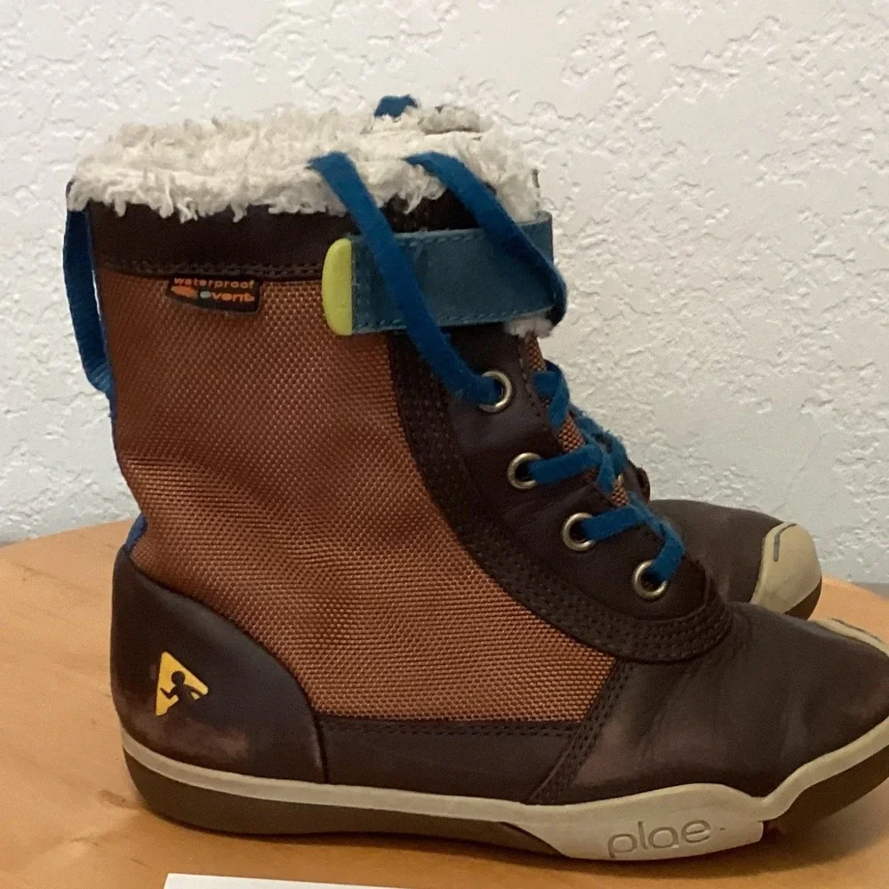 Plae Noel Waterproof Boots Kids Size 12 Brown Blue Leather eVent‎ Winter Shoes